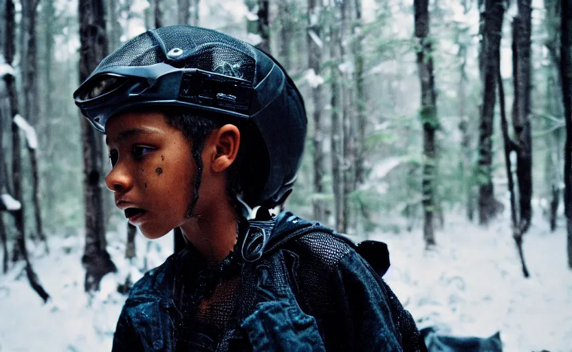 Image similar to cinestill 5 0 d candid photographic portrait by helen levitt of a mixed teen wearing rugged black mesh techwear riding on a dirtbike through a deep forest, extreme closeup, modern cyberpunk moody emotional cinematic, snow storm, 8 k, hd, high resolution, 3 5 mm, f / 3 2, ultra realistic faces, ex machina