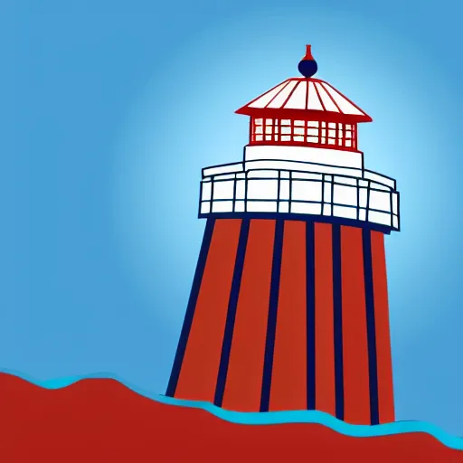 Prompt: a flag with vector pictogram of a lighthouse that is made of white stone on a small coral island surrounded by ocean, use only blue red and white colorsm flat graphic design