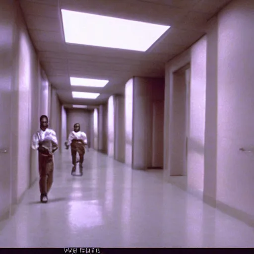 Prompt: a frame the movie andromeda strain, starring kanye west, hallway scene, panning shot, in focus