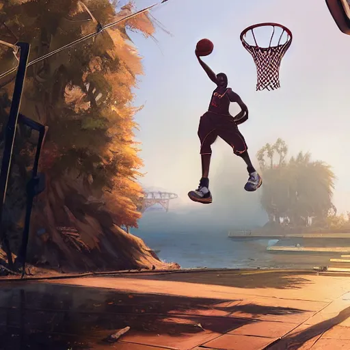 Image similar to highly detailed basketball player, in gta v, stephen bliss, unreal engine, fantasy art by greg rutkowski, loish, rhads, ferdinand knab, makoto shinkai and lois van baarle, ilya kuvshinov, rossdraws, tom bagshaw, global illumination, radiant light, detailed and intricate environment