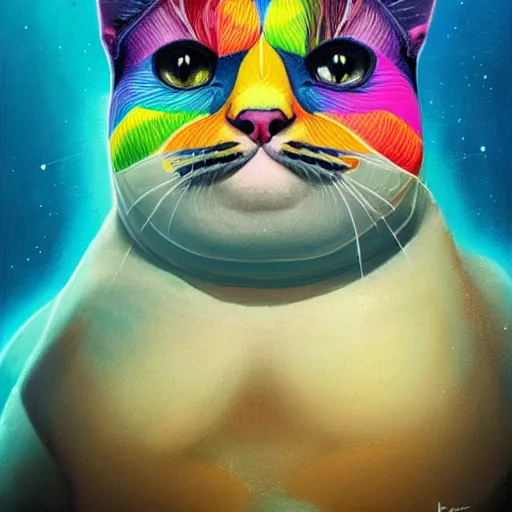 Image similar to a dramatic body portrait of an obese cat with rainbows and space behind it, cinematic lighting, symmetric face by karol bak, christopher balaskas