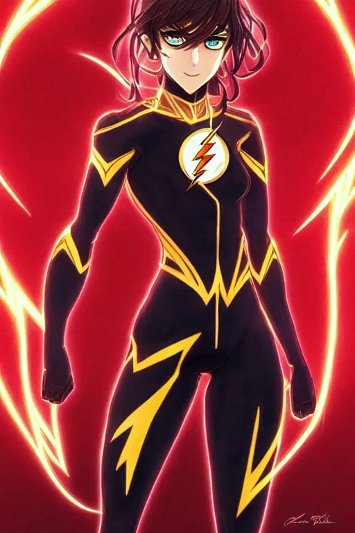Image similar to anime key visual of a beautiful female the flash!! intricate, red, black, gold suit, powers, speed, lightning hate, dc comics, cinematic, stunning, highly detailed, digital painting, artstation, smooth, hard focus, illustration, art by artgerm and greg rutkowski and alphonse mucha