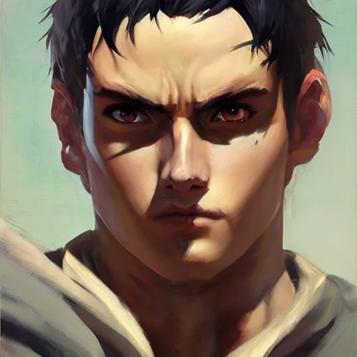 Image similar to greg manchess portrait painting of eren jeager as overwatch character, medium shot, asymmetrical, profile picture, organic painting, sunny day, matte painting, bold shapes, hard edges, street art, trending on artstation, by huang guangjian and gil elvgren and sachin teng