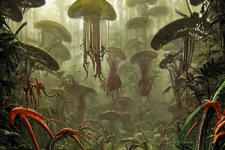 Prompt: a surreal and awe - inspiring rainforest scene with colony of xenomorph aliens, intricate, elegant, highly detailed matte painting by ernst haeckel and simon stalenhag