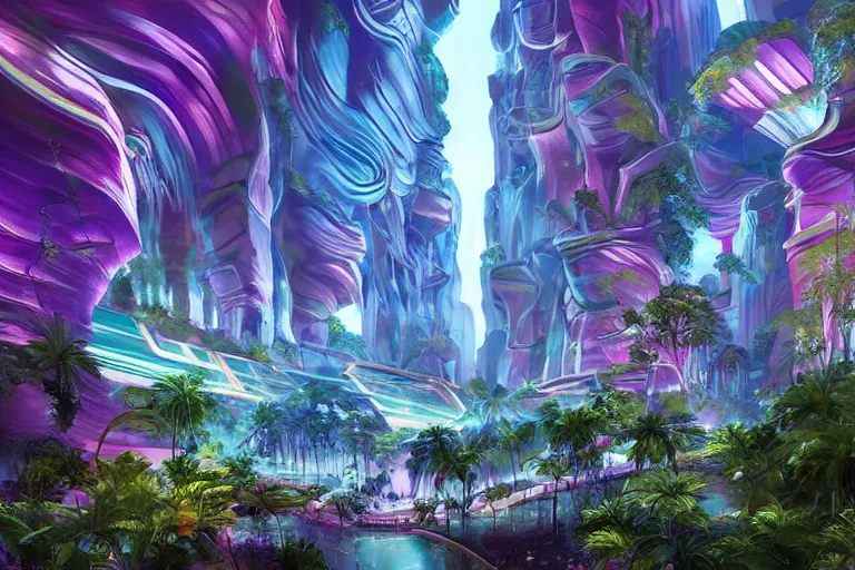 Image similar to futuristic cyberpunk city with Singaporean lush garden with luxurious rgb colors, advanced civilization, high-end street Antelope canyon, rocks formed by water erosion, walls made of beautiful smooth sandstone light beams that shine, polish narrow slots of walls into a striated swirling finish, digital painting, concept art, smooth, sharp focus, from Star Trek 2021, illustration, by WLOP and Ruan Jia and Mandy Jurgens and William-Adolphe Bouguereau, Artgerm