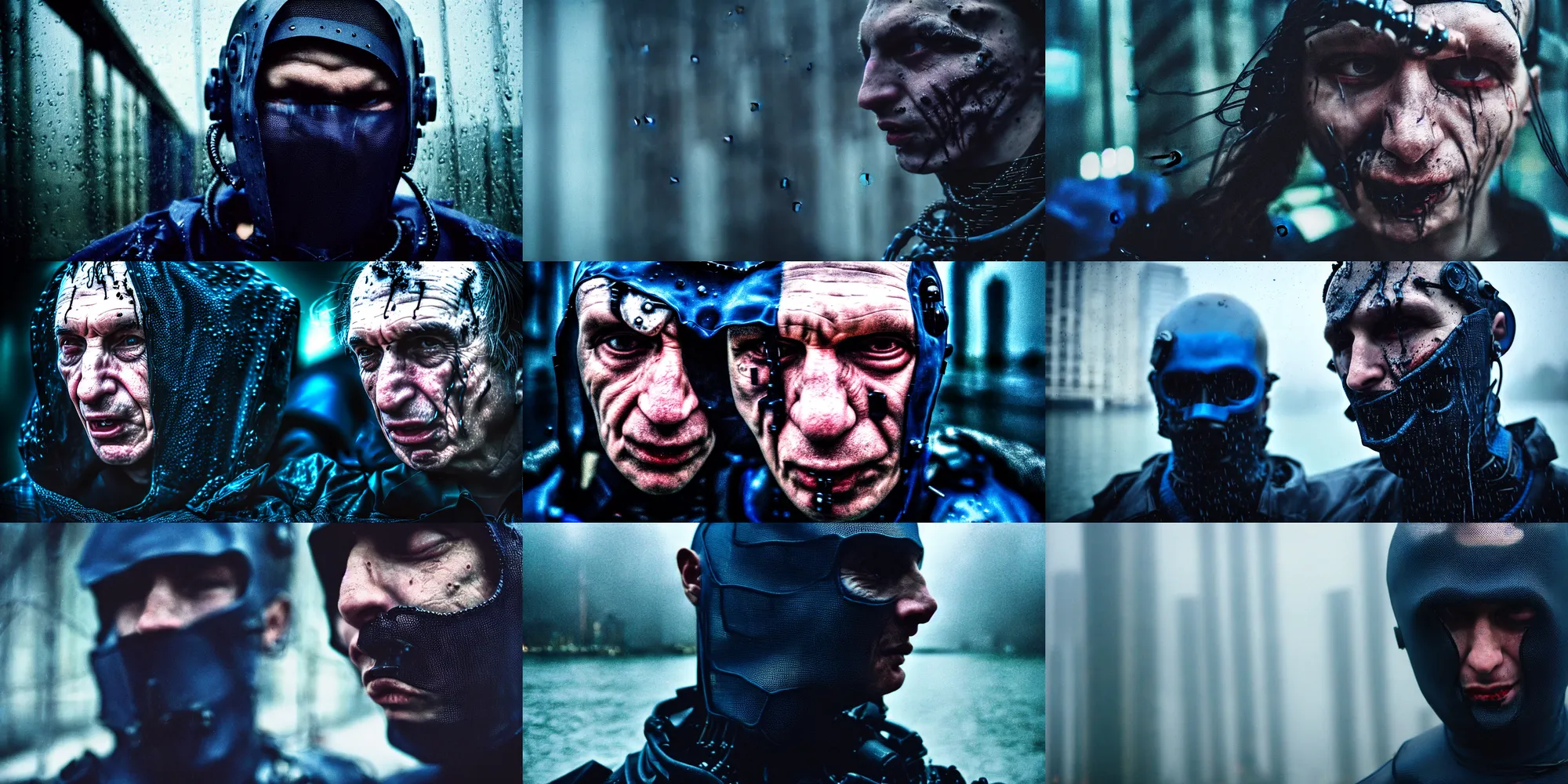 Prompt: cinestill 5 0 d candid photographic portrait by vito acconci of a evil looking cyborg wearing rugged dark blue mesh techwear in treacherous waters, extreme closeup, modern cyberpunk moody depressing cinematic, pouring rain, the buildings are on fire, 8 k, hd, high resolution, 3 5 mm, f / 3 2, ultra realistic faces, ex machina