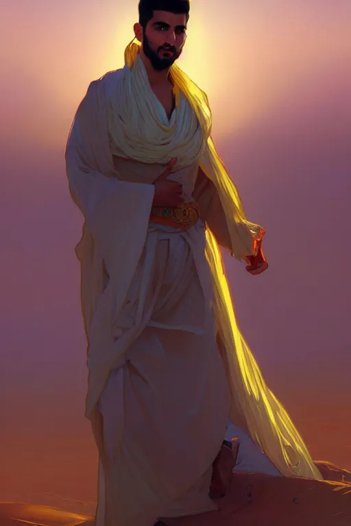 Image similar to full figure beautiful young fit arabic man, dressed with multicolored fluent clothes, luminous scene, by greg rutkowski and alphonse mucha, d & d character, gradient white to gold, in front of a dune desert background, highly detailed portrait, digital painting, artstation, concept art, smooth, sharp focus illustration, artstation hq