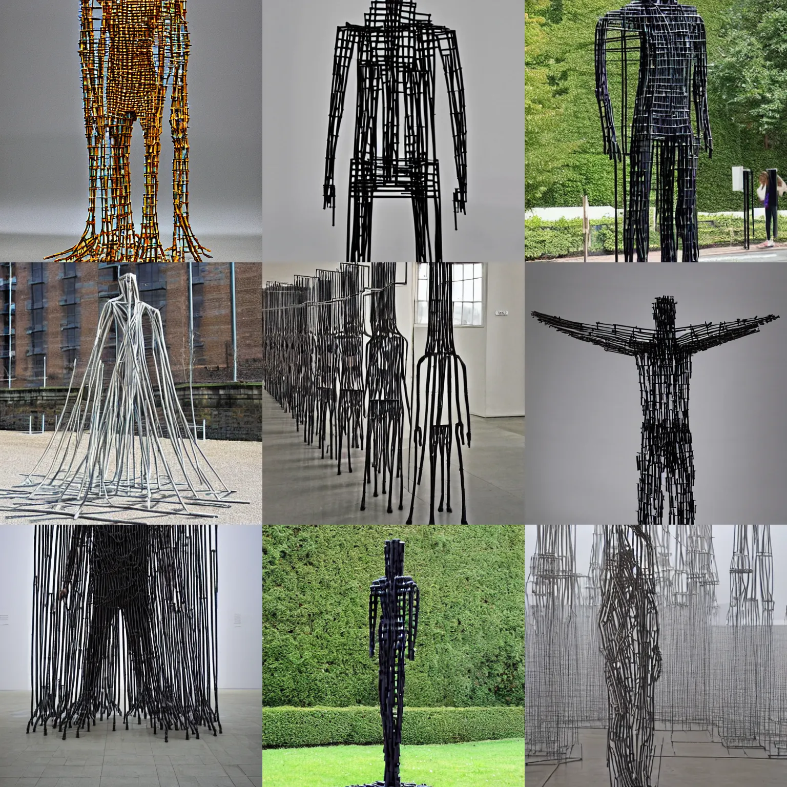 Prompt: a sculpture made of coat hangers, Anthony gormley