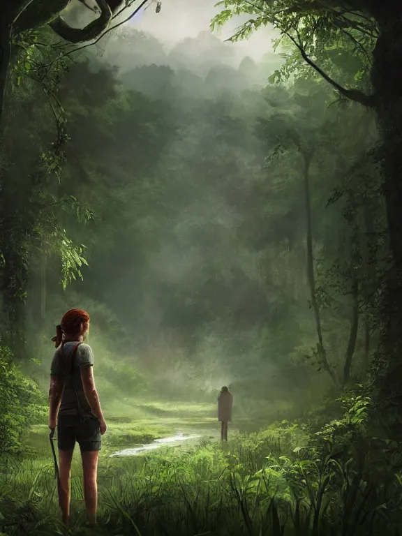 Prompt: Ellie in a lush forest (Last of Us), dali, magritte, Ethereal, artstation, 8k