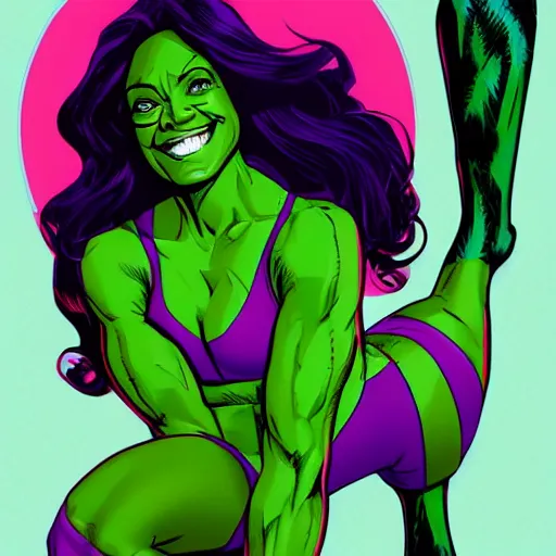 Image similar to Actress Zoe Saldana as She-Hulk, smiling, poster framed, comic pinup style, sports illustrated, detailed legs, artstation, illustration, posterized, Roge Antonio, Jen Bartel