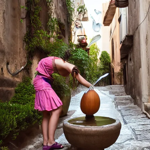 Prompt: anime girl in a greek womans clothing pouring water out of a gourd into a fountain, spanish alleyway