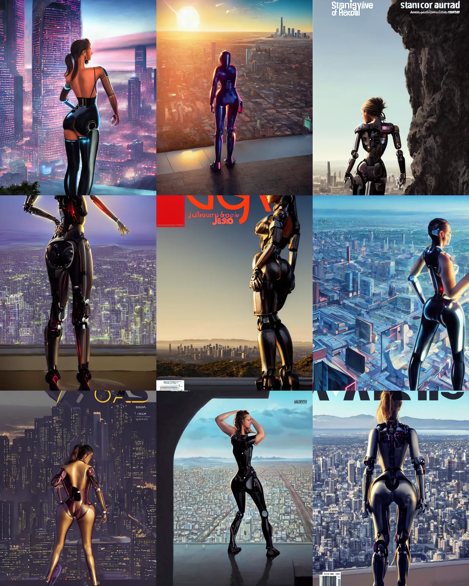 Prompt: magazine cover full body portrait of sweaty jessica alba robot cyborg young woman in a powerful standing pose from behind, overlooking a future sprawling SF from twin peaks, facing away from the camera, bold satin rave outfit :: trending on artstation, morning, photoreal, ue5, anime girl, sci-fi concept art :: nixri, Greg rutkowski, wlop, artgerm ::