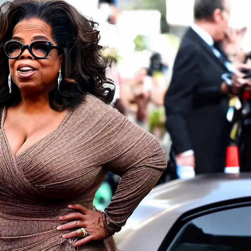 Prompt: oprah winfrey has road rage whilst driving a ferrari