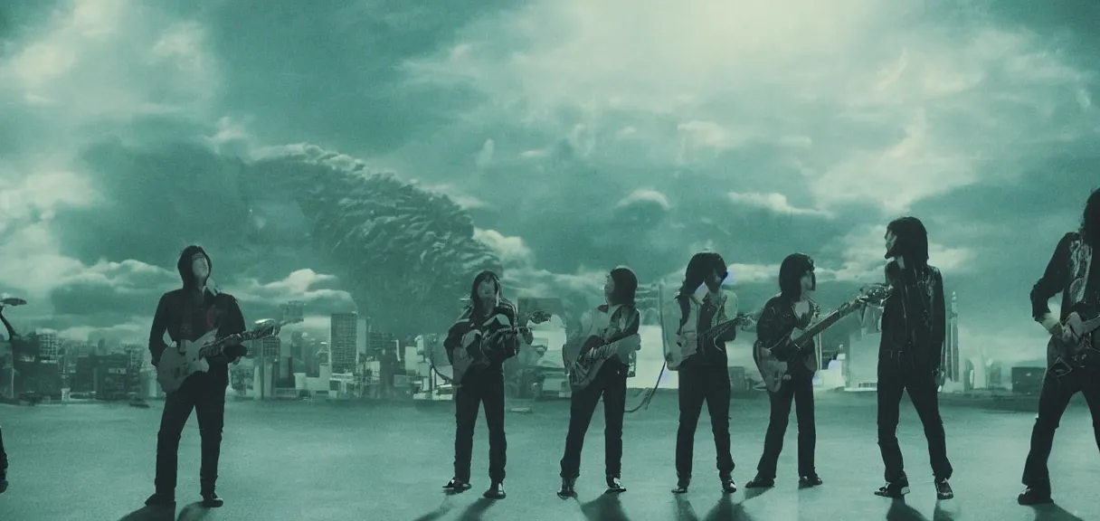 Image similar to The wide shot of disco rock Asian band with long dark hair playing on guitars while Godzilla destructs the night city, Godzilla on the horizon line, by Lubezki and David Lynch, anamorphic 35 mm lens, cinematic, anamorphic lens flares 4k