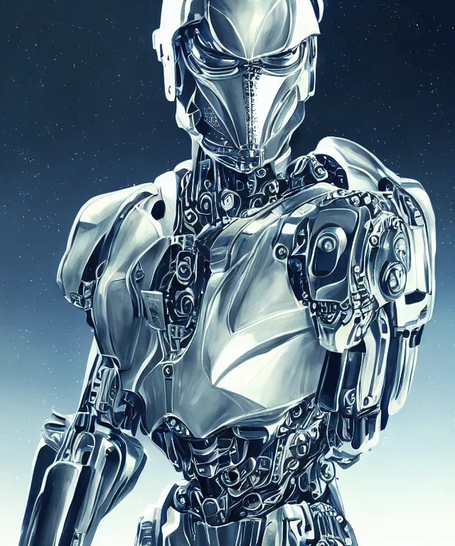 Image similar to Android portrait wearing cybernetic body, subject centered in the frame, rule of thirds, golden ratio , scifi, intricate glowing mecha armor, elegant, glowing cylon eyes, highly detailed cybernetic body, ornate mecha armor, digital painting, artstation, concept art, smooth, sharp focus, illustration, art by Artgerm and moebius and Peter Mohrbacher