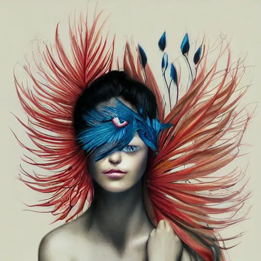 Image similar to portrait of beautiful woman with bird of paradise flower covering her face, art by marco mazzoni, dark background, asymmetrical, colors red white blue and black