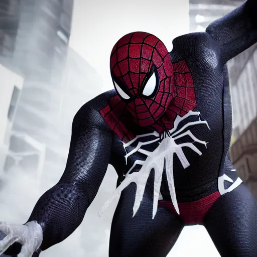 Image similar to black spider - man suit with white web lining, cinematic, volumetric lighting, realistic, hyperdetailed, photorealistic, photograph