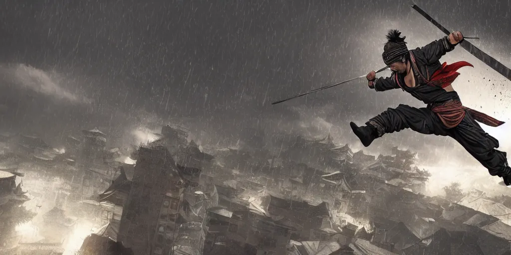 Prompt: highly detailed render of shinobi japanese assasin jumping on the roofs, dynamic pose, rain, photobash, raytracing, high contrast backlight, mountains, dark fantasy