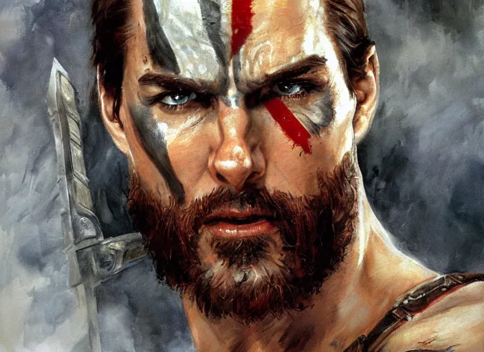 Prompt: a highly detailed beautiful portrait of tom cruise as kratos, by gregory manchess, james gurney, james jean