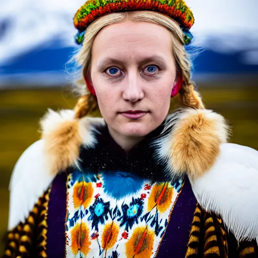 Prompt: symmetry!! portrait photograph of an extremely beautiful!!!! young blonde scandinavian woman with symmetric face. with a very detailed raven!!! on her shoulder. wearing traditional greenlandic national colorful costume or kalaallisuut. in iceland. petzval lens. shallow depth of field. on flickr, art photography,