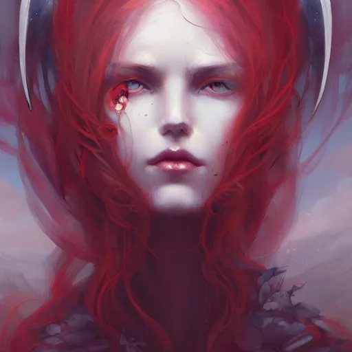 Prompt: beautiful face of a fallen angel with pale skin, red eyes, long black hair by pete mohrbacher and greg rutkowski, digital art, unreal engine 5, wlop, trending on artstation, deviantart, pinterest, symmetrical portrait, rule of thirds, 4K UHD image