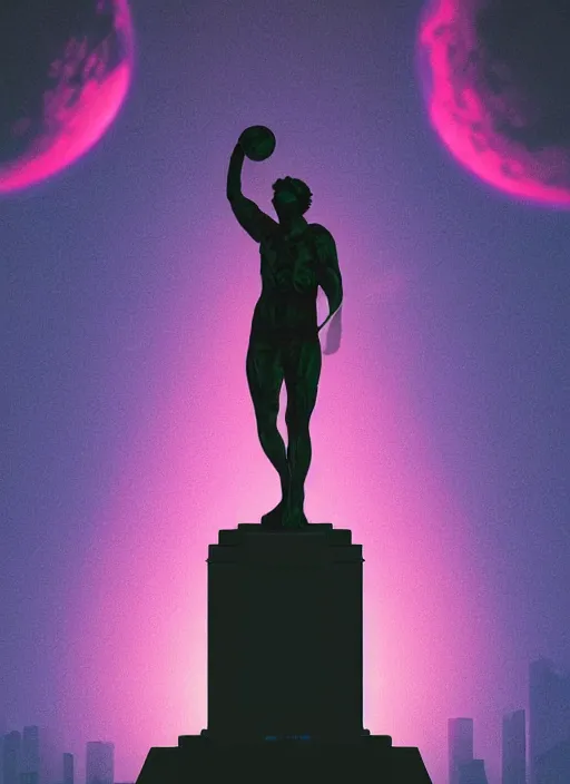 Image similar to statue of atlas, moon in the background, beeple, vaporwave, retrowave, black background, neon wiring, black, glitch, strong contrast, cuts, pinterest, trending on artstation