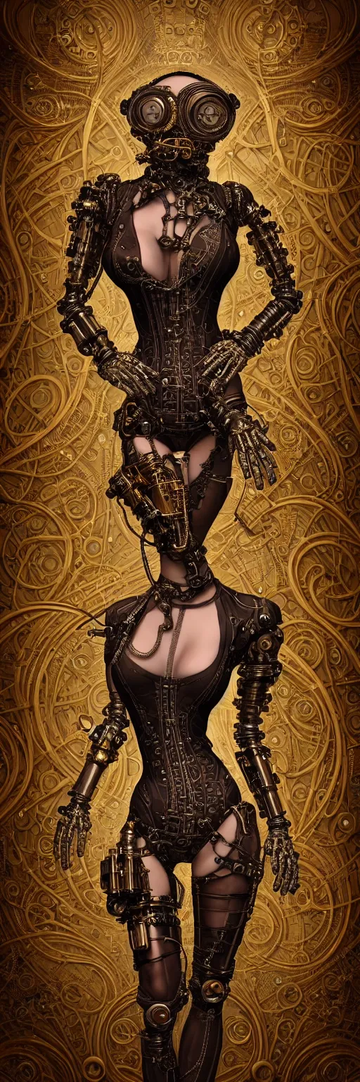 Prompt: seamless pattern of steampunk cybernetic biomechanical burlesque dancer, 3 d model, very coherent symmetrical artwork, unreal engine realistic render, 8 k, micro detail, gold and steel intricate, elegant, highly detailed, digital painting, artstation, smooth, sharp focus, illustration, artgerm, tomasz alen kopera, wlop