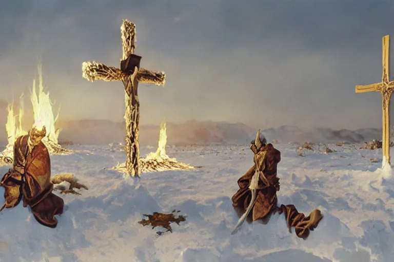 Image similar to a cross set on fire on a snow covered field, painting by salvador dali, a matte painting by li shida, cgsociety, context art, redshift, matte painting, reimagined by industrial light and magic