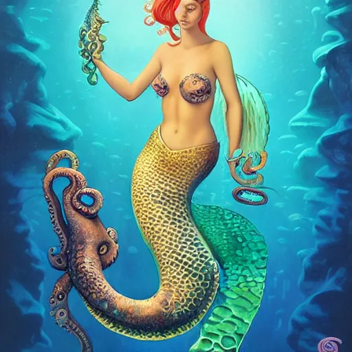 Prompt: lofi underwater mermaid portrait with an octopus, Pixar style, by Tristan Eaton Stanley Artgerm and Tom Bagshaw.