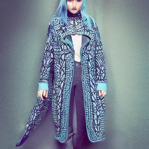 Image similar to fashion 2 0 5 0 fantastic openwork long coat with intricate pattern on a beautiful symmetrical girl with blue hair, hyper realistic photos
