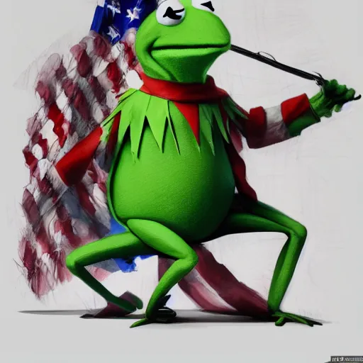 Prompt: Kermit the Frog is dressed up Captain America hyperdetailed, artstation, cgsociety, 8k