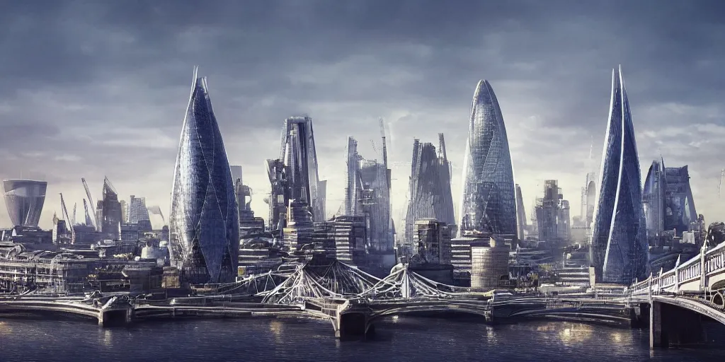 Prompt: Futuristic London in a sci-fi style, the Gherkin, millenium wheel, The Thames, hyper realistic, very detailed, 8K,