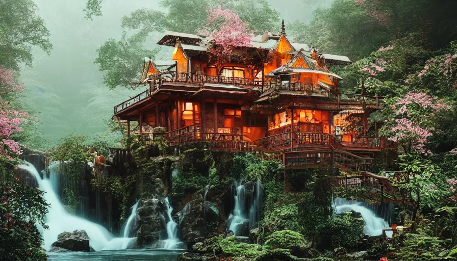 Prompt: a Wes Anderson 35mm film still of a very surreal magical Indian castle style cabin with a bookstore cafe behind a lush waterfall, falling cherry blossoms pedals, in the style of Gucci and Wes Anderson glowing lights and floating lanterns, foggy atmosphere, rainy, moody, muted colors, magic details, very detailed, 8k, cinematic look, octane render, psychedelic,