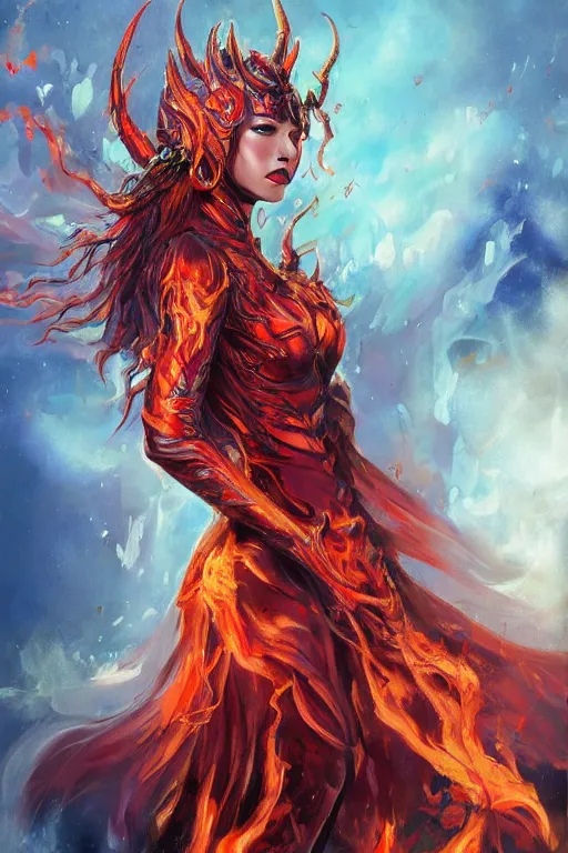 Image similar to a painting of beautiful full body concept art, ultra beautiful face, queen of hell wearing full fire clothing standing in a field