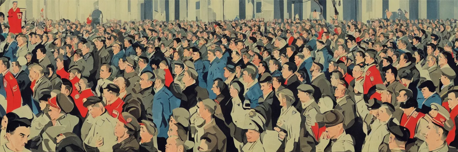 Image similar to A lot of people are standing and looking at their phones. soviet propaganda style