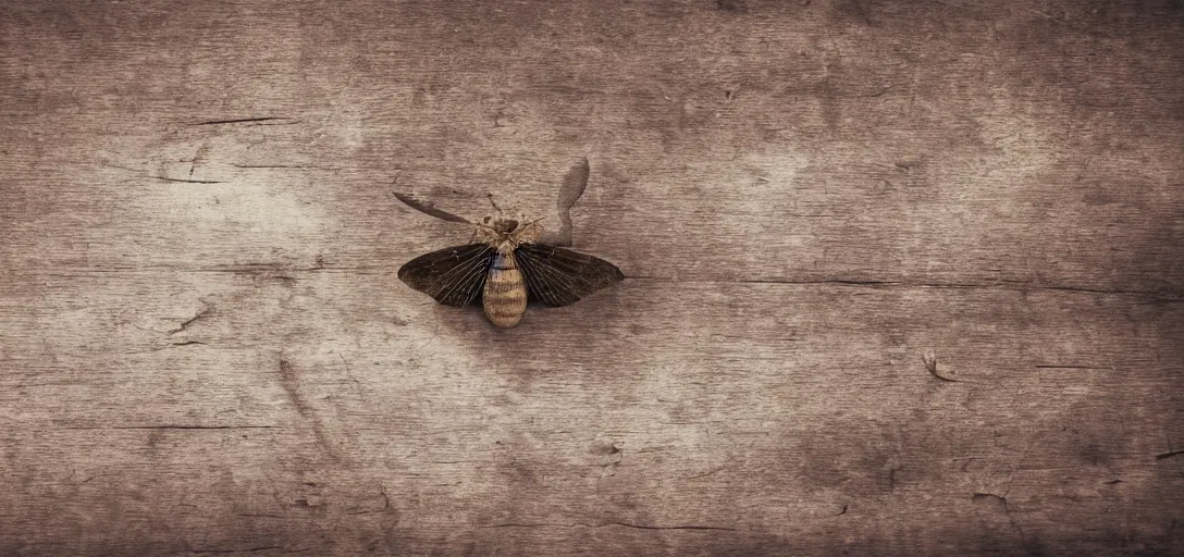 Image similar to moth on a old dark wooden table, matte painting, from above, vintage, dusty, dust, volumetric lighting, screwdrivers, 8k, 4k, artstation, award winning shot