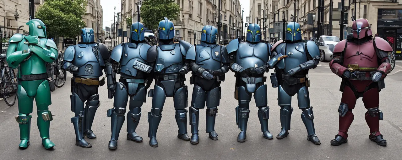 Prompt: four overweight, bored mandalorians on the streets of London