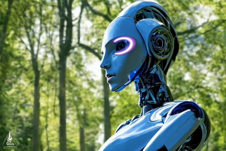 Image similar to photograph of an androgynoid robot in the arboretum of the inter - galactic spaceship, 8 k, beautiful lighting, shallow depth of field, ultra realistic, hyper - detailed, sci - fi movie style, coherent composition,