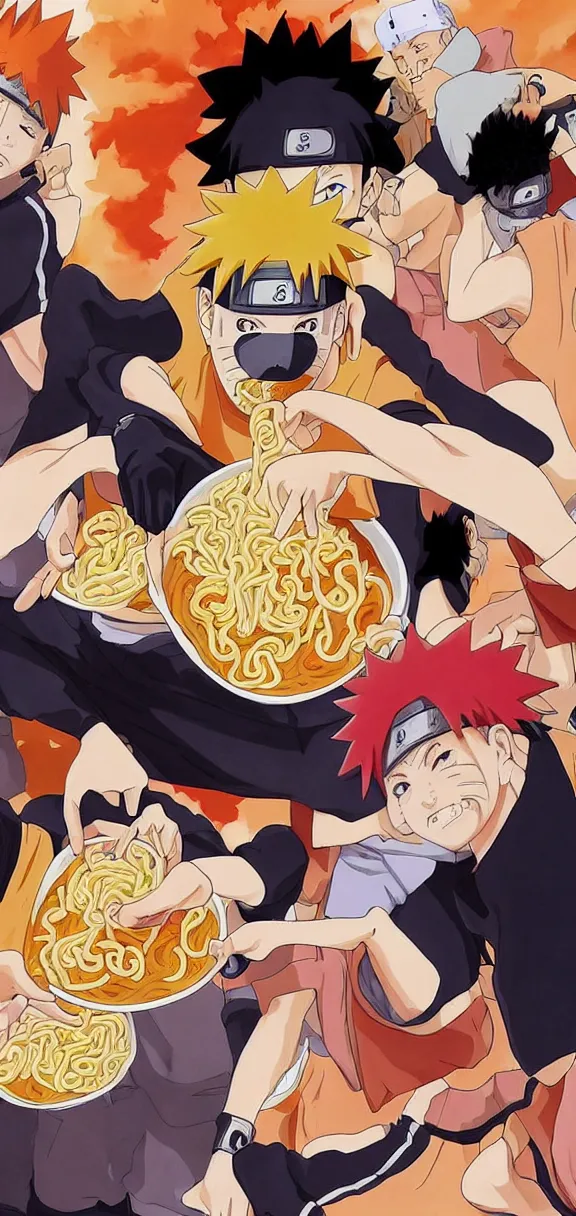 Image similar to naruto eating ramen on a basketball court, anime art