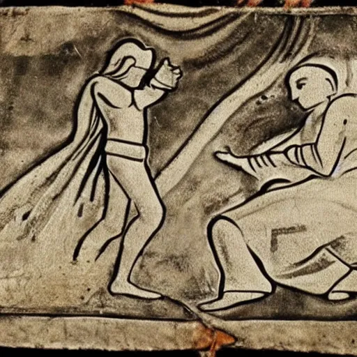 Prompt: a scan of an ancient piece of art on parchment depicting a scene from the x - files ( 1 9 9 3 )