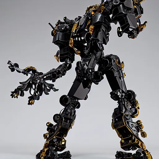 Prompt: realistic combat mech, carved black marble mechanical exoskeleton wearing hardsurface armour, inlaid with obsidian and gold accents, ivory rococo, wings lace wear, sculpted by spider zero, frank gehry, jeff koons, bandai box art