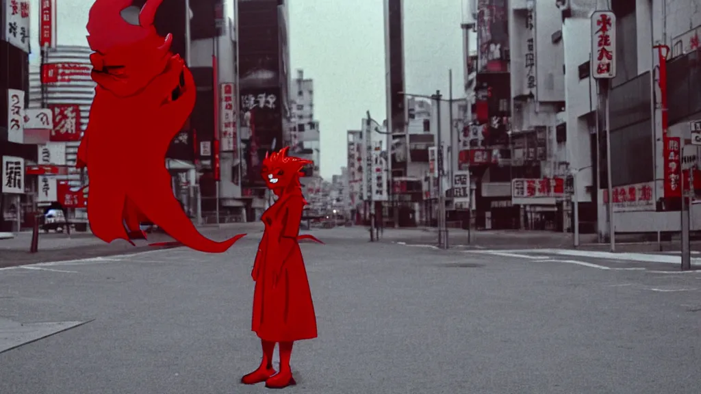 Image similar to a woman in a red dress wearing a red demon mask standing alone on an empty street in downtown Tokyo with a gun, film still from the an anime directed by Katsuhiro Otomo with art direction by Salvador Dalí, wide lens