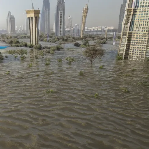 Image similar to dubai completely flooded, aftermath of a tsunami, perspective from a balcony, donald trump selfie, 4k, photorealistic, octane