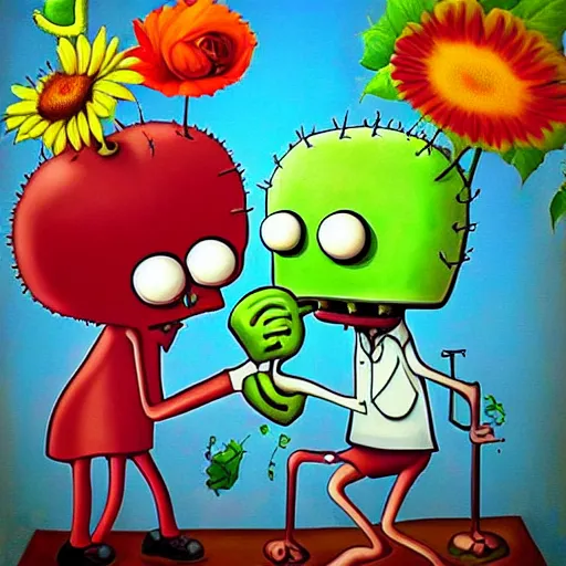 Prompt: surrealism painting of love by plants vs zombies