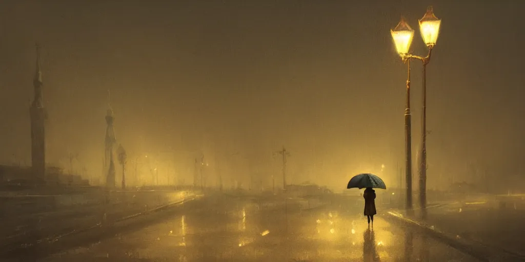 Image similar to lonely road of moscow at night with a single lamp post, walking woman with umbrella, artstation, detailed, by greg rutkowski,