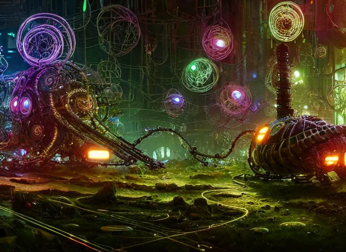 Image similar to giant intricate mechanical snail with cybernetic enhancements and visible gears and fiber optics, on the background of a weird magical mechanical forest. Very detailed 8k. Fantasy cyberpunk horror. Sharp. Cinematic post-processing. Unreal engine. Nanite. Ray tracing. Parallax. Tessellation