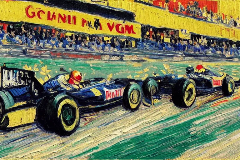 Image similar to formula 1 racing as painted by van gogh, detailed, wet brush, poster art