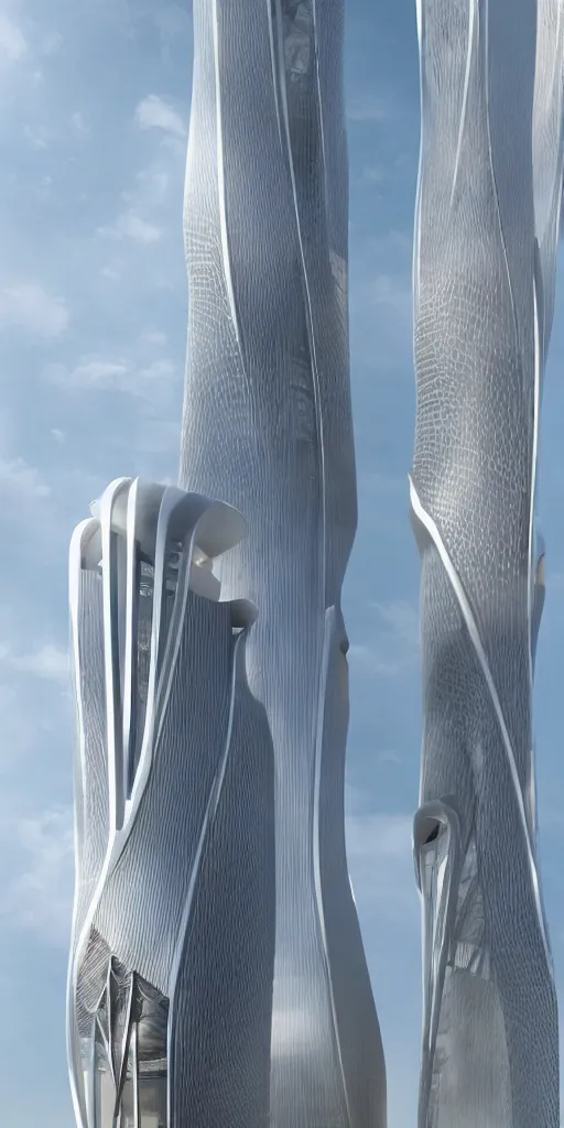 Image similar to epic futuristic tower, highly detailed, realistic, by zaha hadid