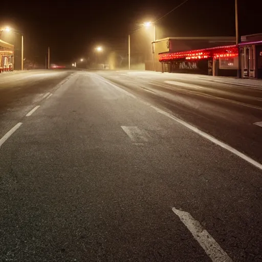 Prompt: A stunningly beautiful award-winning 8K high angle close up cinematic movie photograph of a spooky foggy empty lightless moonlit main intersection in an abandoned 1950s small town at night. perfect composition, shot from roofline, moody low key backlit. Color palette from Seven, greens yellows and reds. 2 point perspective, high angle from 15 feet off the ground. Octane render