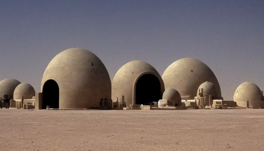 Prompt: mos eisley spaceport in a dust storm with strange skeletal domed buildings designed by hr giger